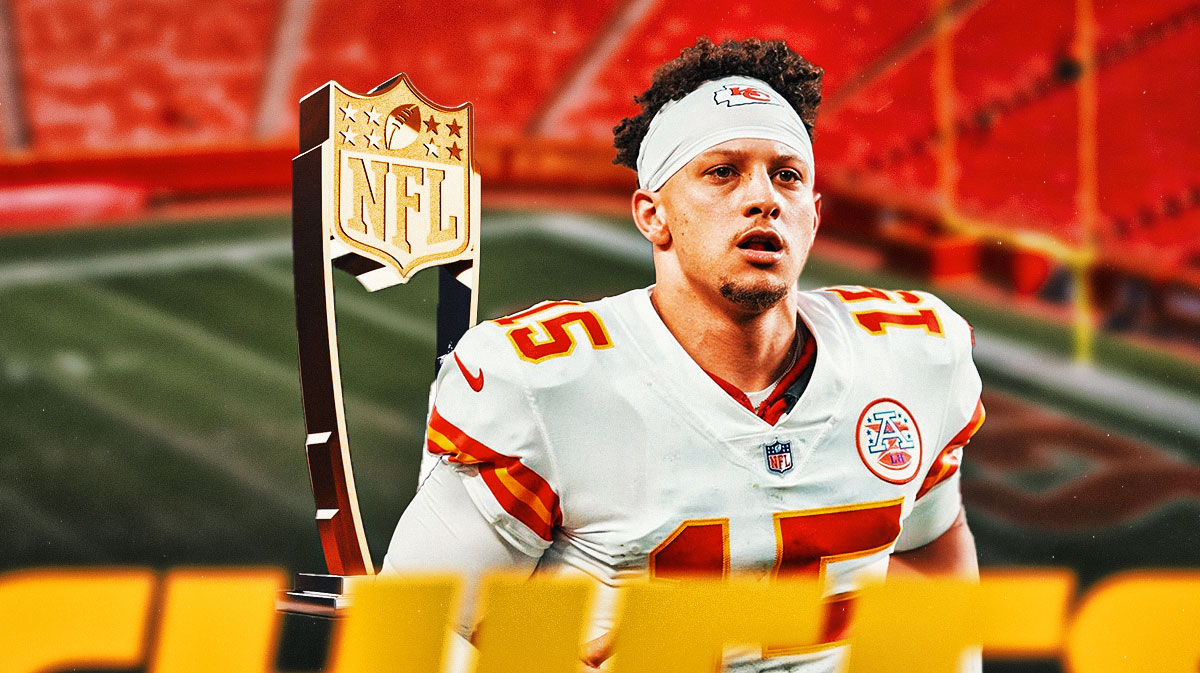 Chiefs' Patrick Mahomes in front of the MVP award