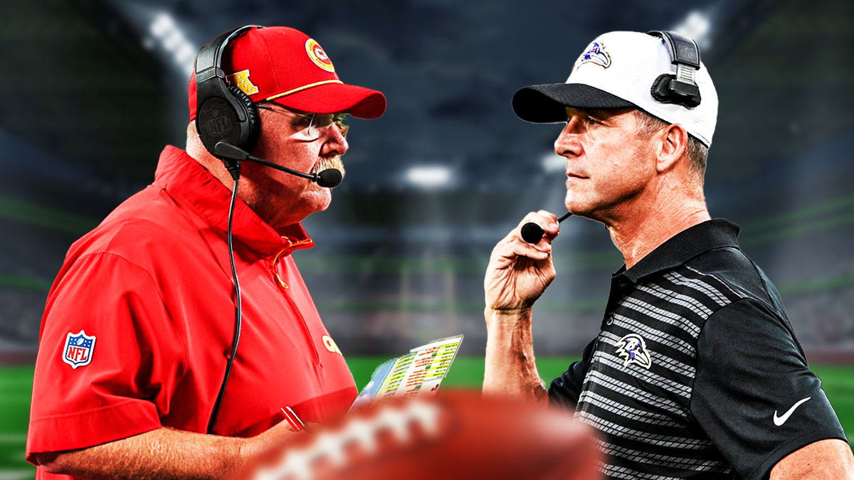 Andy Reid faces of with John Harbaugh