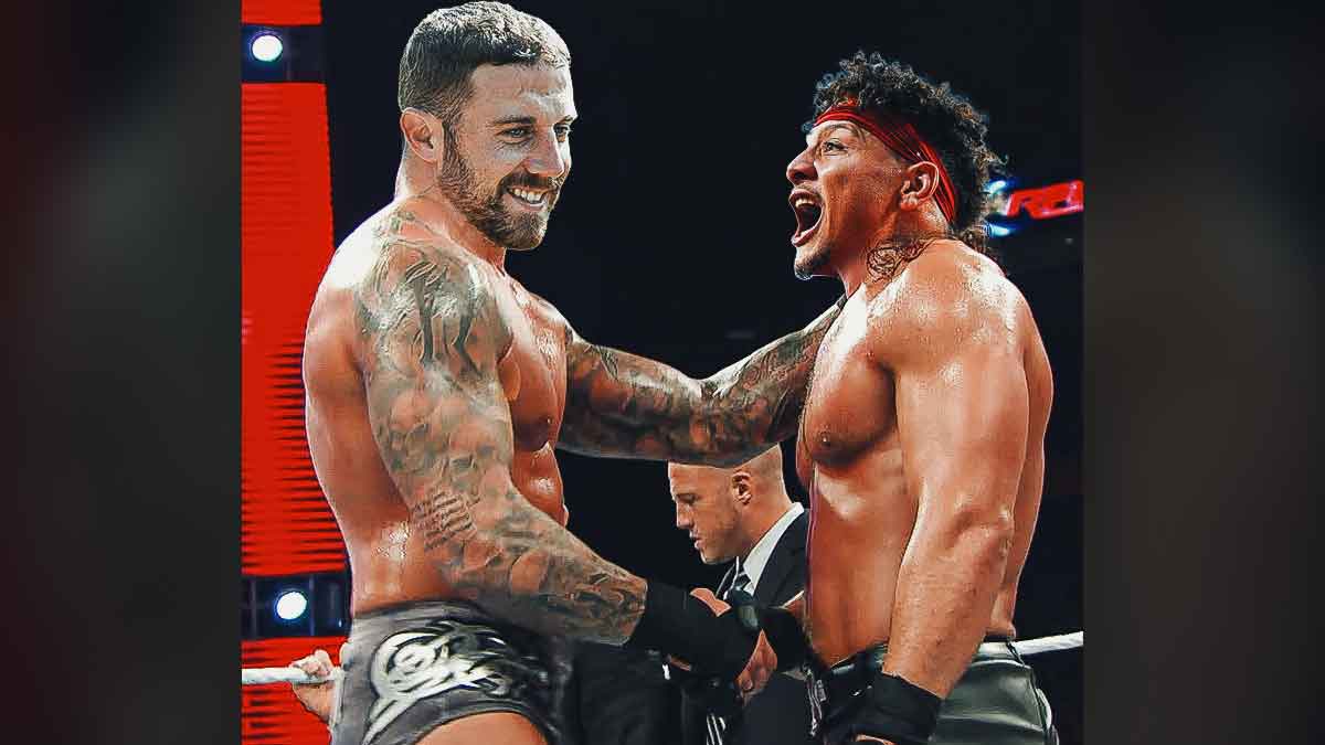 Alex Smith (ex-Chiefs QB) and Patrick Mahomes as wrestlers shaking hands