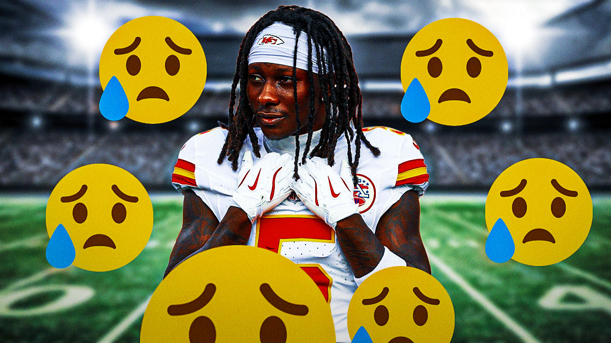 Kansas City Chiefs wide receiver Hollywood Brown with sad face emoji's around him