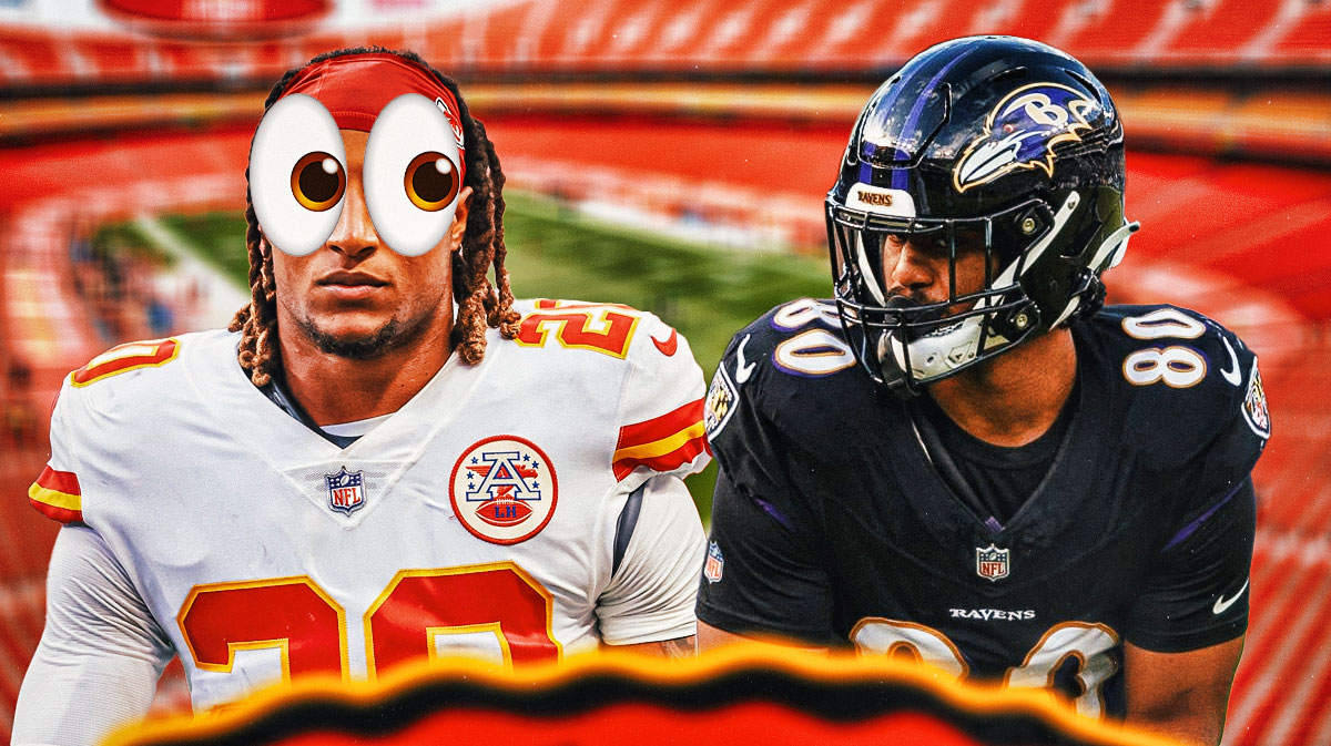 Justin Reid in a Chiefs jersey with big eyes and Isaiah Likely in a Ravens jersey.