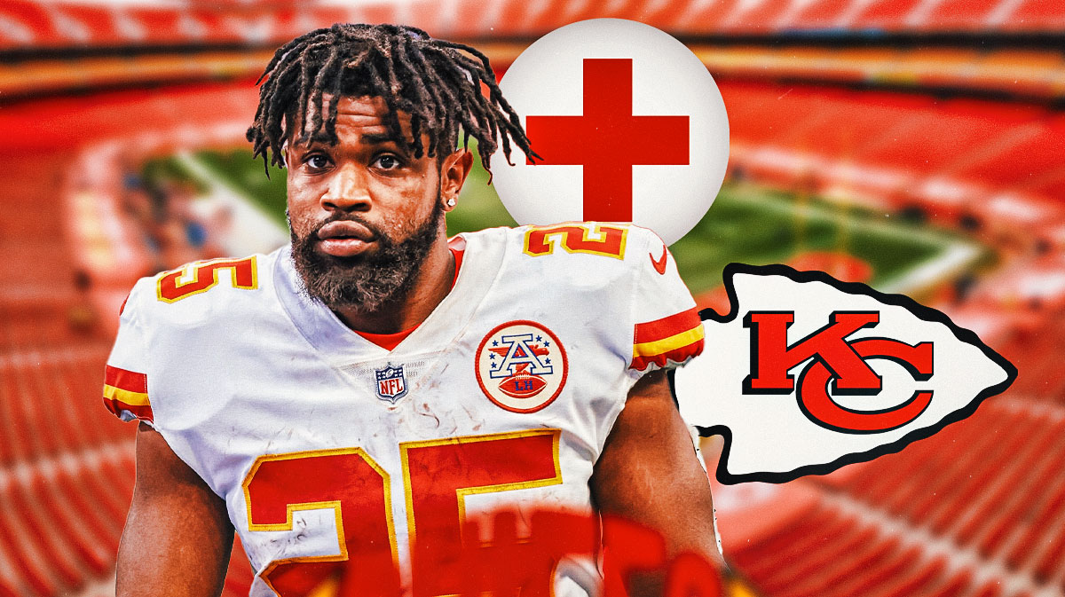 Kansas City Chiefs running back Clyde Edwards-Helaire with an injury symbol next to him. There is also a logo for the Kansas City Chiefs.