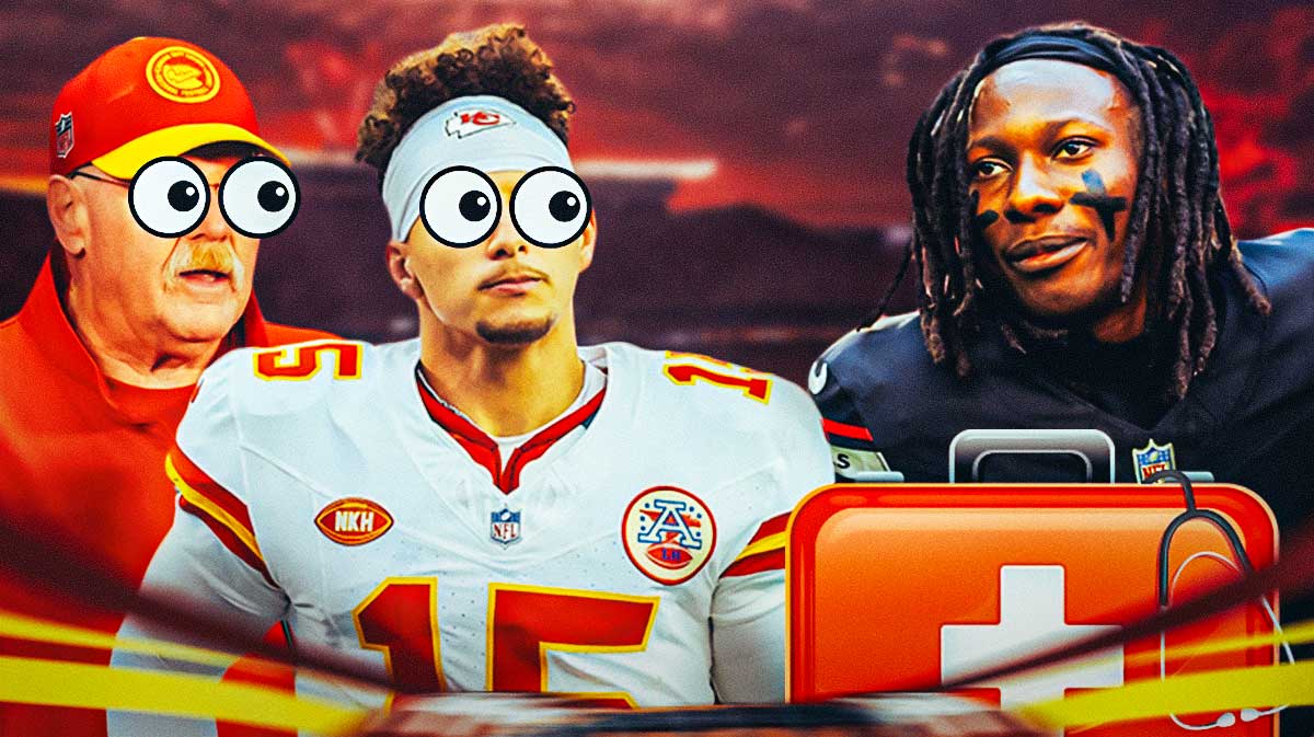 Kansas City Chiefs star Marquise Brown on one side with an injury kit in front of him, Andy Reid and Patrick Mahomes on the other side with the big eyes emoji over their faces in front of Arrowhead Stadium.