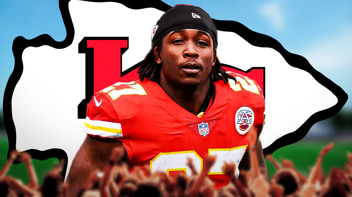 Chiefs running back Kareem Hunt next to Chiefs logo with the stadium in the background