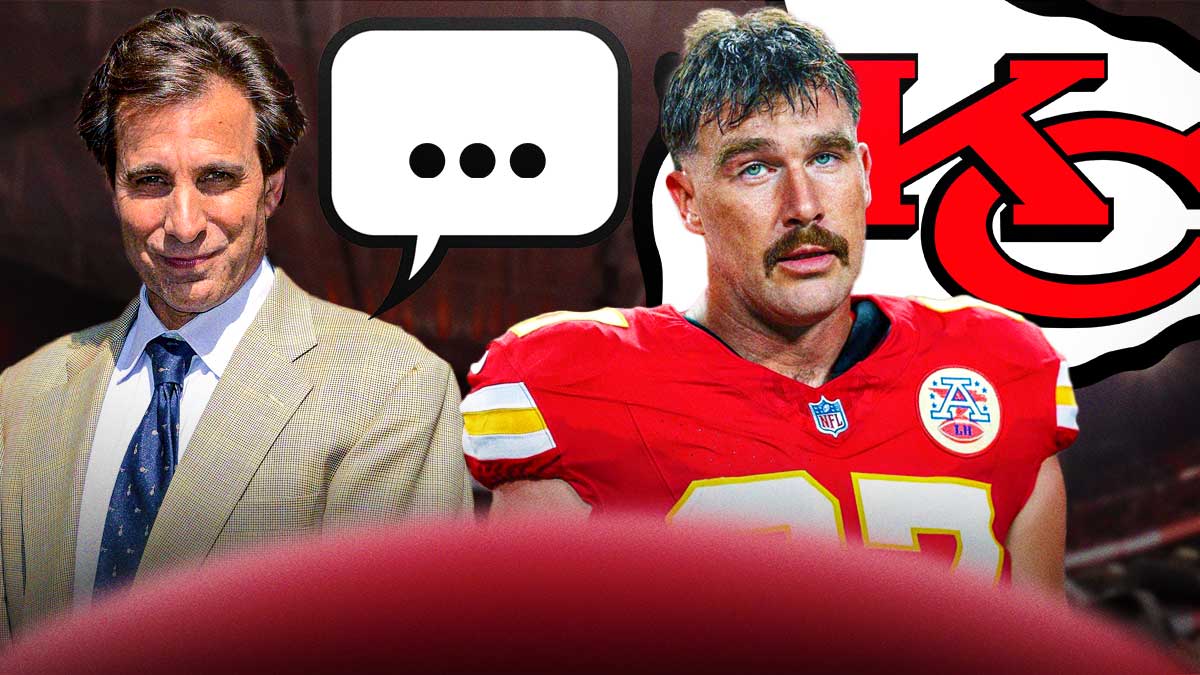 Kansas City Chiefs tight end Travis Kelce with American radio personality Chris “Mad Dog” Russo. Russo has a speech bubble with the three dots emoji inside. There is also a logo for the Kansas City Chiefs.