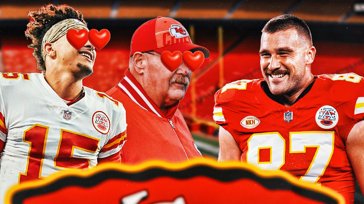 Chiefs' Patrick Mahomes and Andy Reid both with heart emojis for eyes looking at Travis Kelce