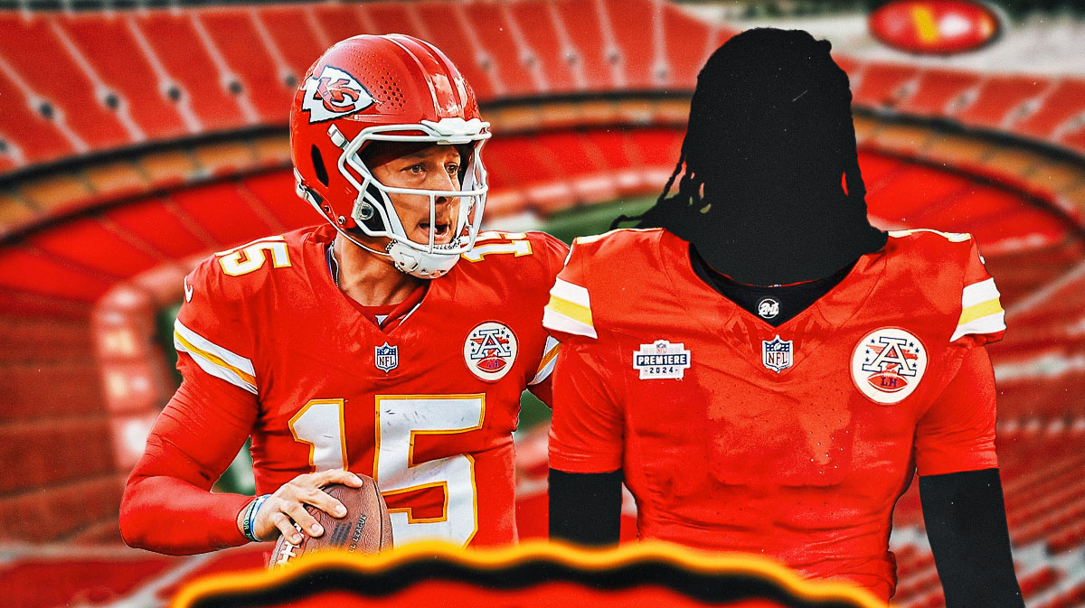 Patrick Mahomes in a Chiefs jersey, and an NFL player silhouette in a Chiefs jersey.