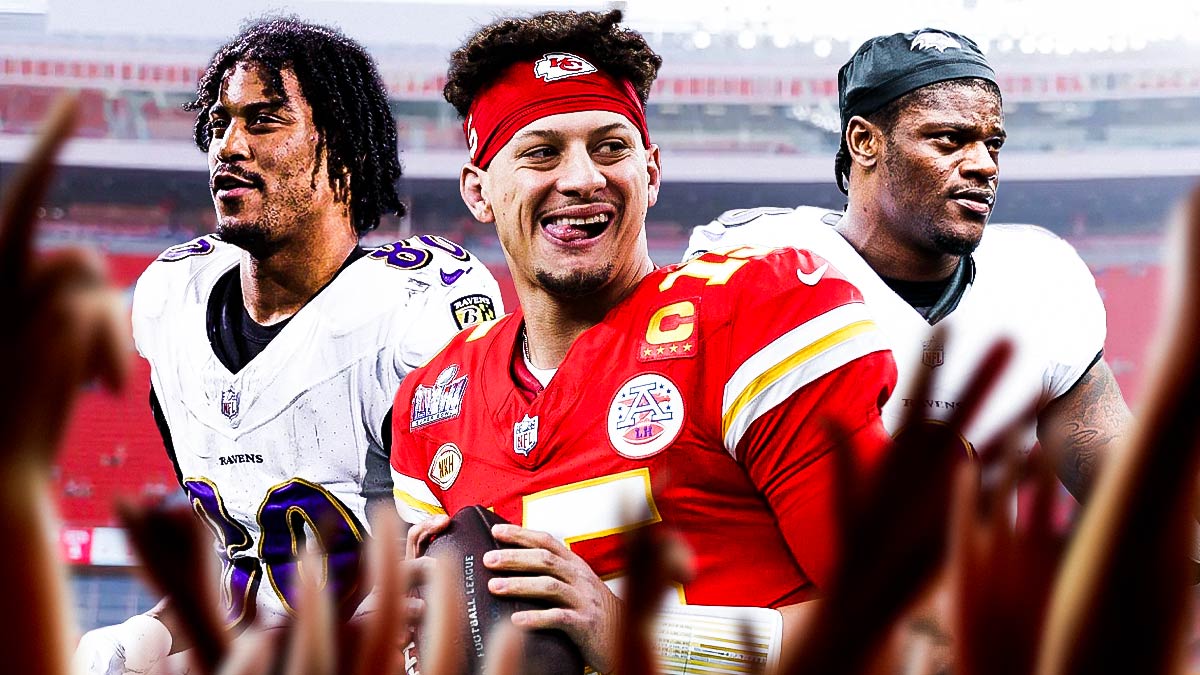 Chiefs' Patrick Mahomes smiling with Ravens' Lamar Jackson and Isaiah Likely beside him looking serious