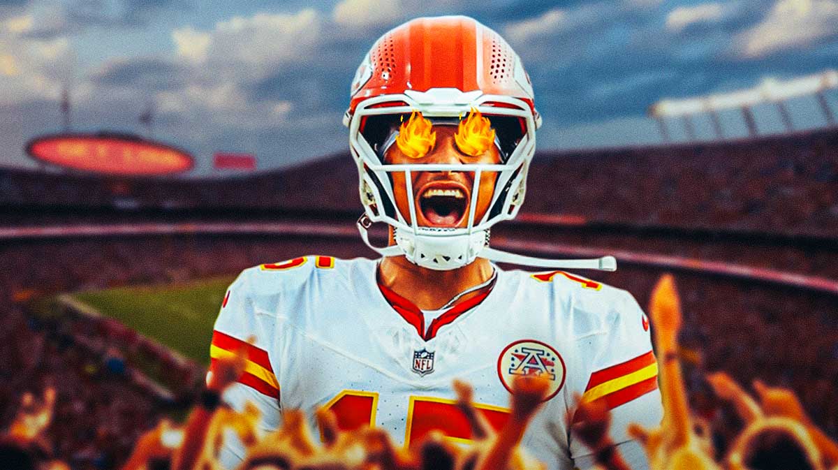 Patrick Mahomes yelling with flames on his eyes.