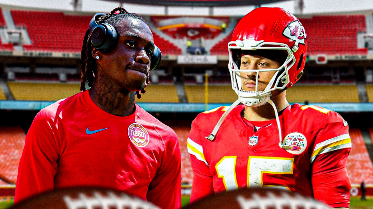 Kansas City Chiefs stars Patrick Mahomes and Xavier Worthy in front of Arrowhead Stadium.