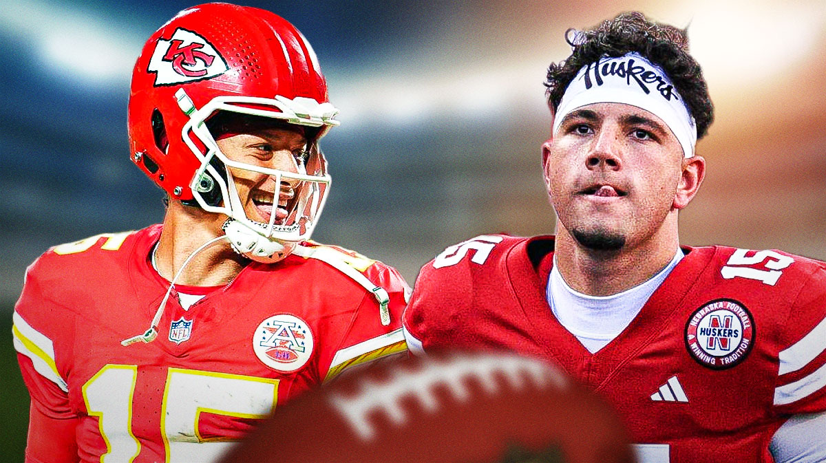 Kansas City Chiefs star Patrick Mahomes and Dylan Raiola in front of Arrowhead Stadium.