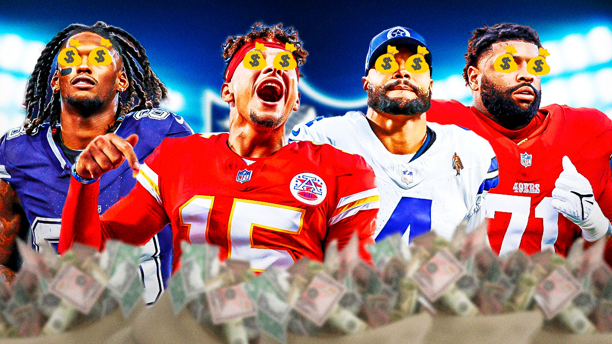 Kansas City Chiefs quarterback Patrick Mahomes, Dallas Cowboys quarterback Dak Prescott, Cowboys wide receiver CeeDee Lamb and San Fransisco 49ers offensive lineman Trent Williams all with money bags around them and their eyes.