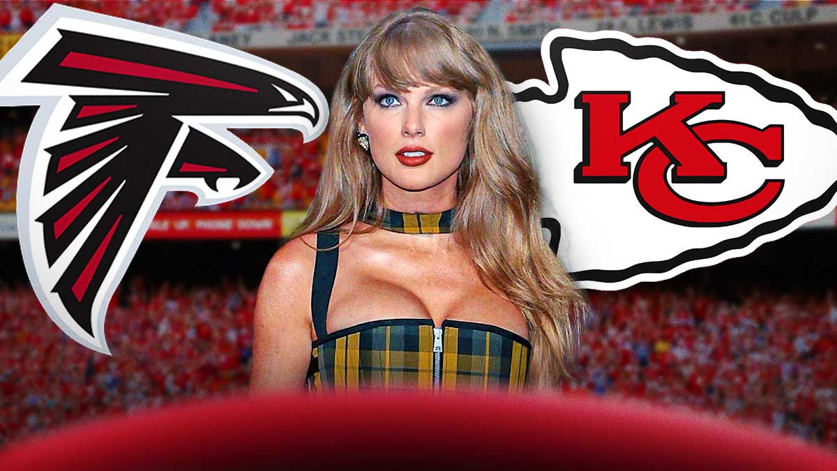 Taylor Swift next to Chiefs-Falcons logos