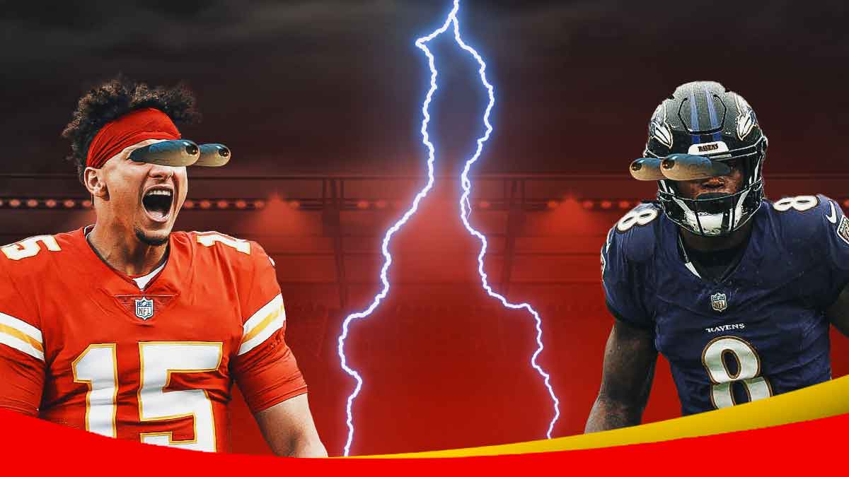 Lightning in the background. Chiefs Patrick Mahomes on right, Ravens LaMar Jackson on left both with eyes popping out looking at the lightning.