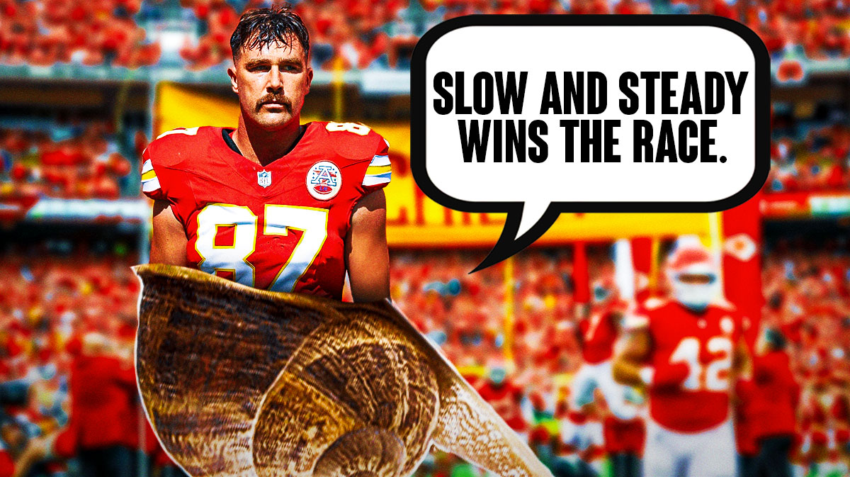 Travis Kelce as a snail with a speech bubble saying, "Slow and steady wins the race." featuring a Chiefs themed bg.