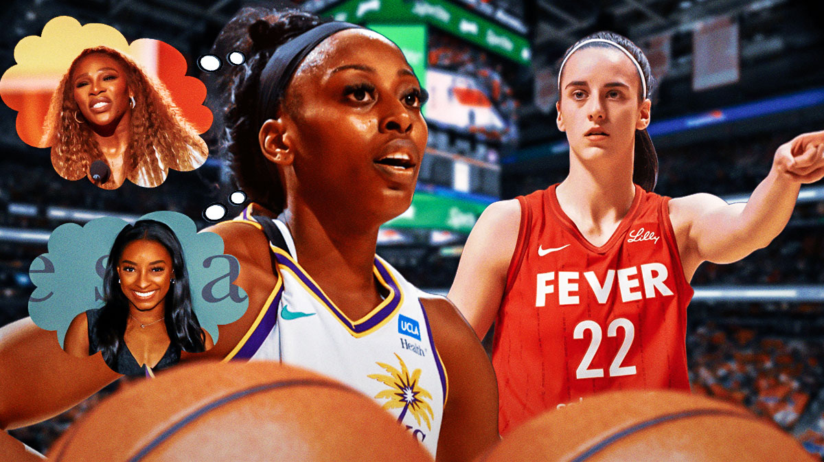 ESPN host Chiney Ogwumike looking at Indiana Fever guard Caitlin Clark. Ogwumike has a thought bubble that has Serena Williams, and Simone Biles in it.