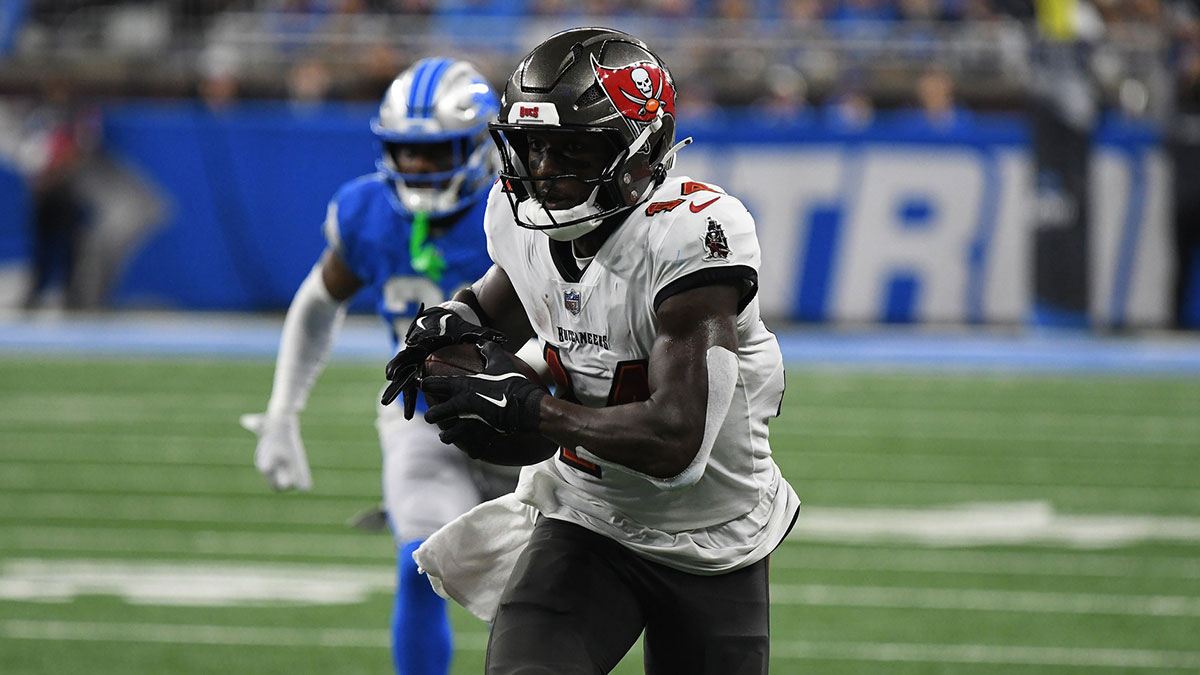 Tampa Bay Buccaneers wide receiver Chris Godwin (14) scores a touchdown against the Detroit Lions in the second quarter at Ford Field