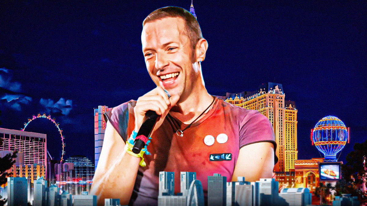 Coldplay singer Chris Martin with Las Vegas background.