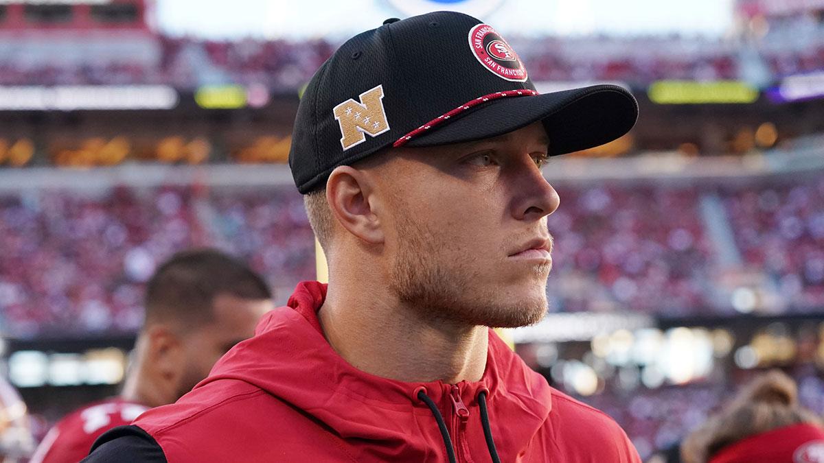 San Francisco 49ers running back Christian McCaffrey (23) watches from the sideline due to injury during the second quarter against the New York Jets at Levi's Stadium
