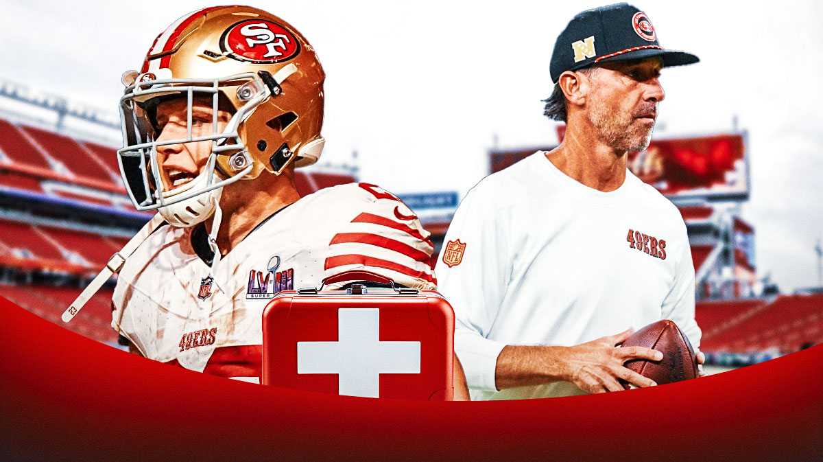 Christian McCaffrey on one side with an injury kit in front of him, Kyle Shanahan on the other side with a speech bubble that says "Let's go!"
