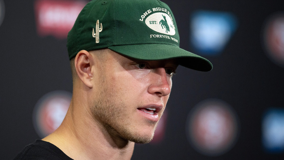 San Francisco 49ers running back Christian McCaffrey answers questions at a press conference following Day 3 of training camp at SAP Performance Facility.