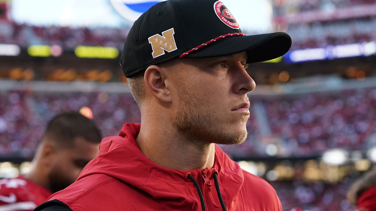San Francisco 49ers running back Christian McCaffrey (23) watches injured from the sidelines in the second quarter against the New York Jets at Levi's Stadium.
