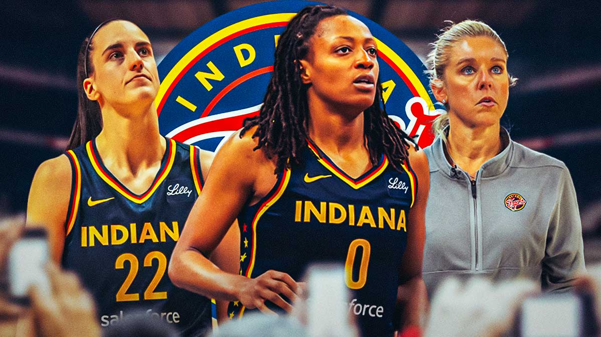 Caitlin Clark, Kelsey Mitchell, Christie Sides. Fever logo