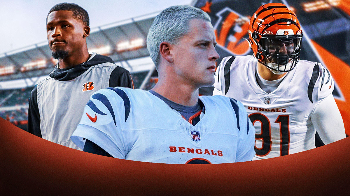 Joe Burrow, Tee Higgins, and Trey Hendrickson with Bengals logo behind them