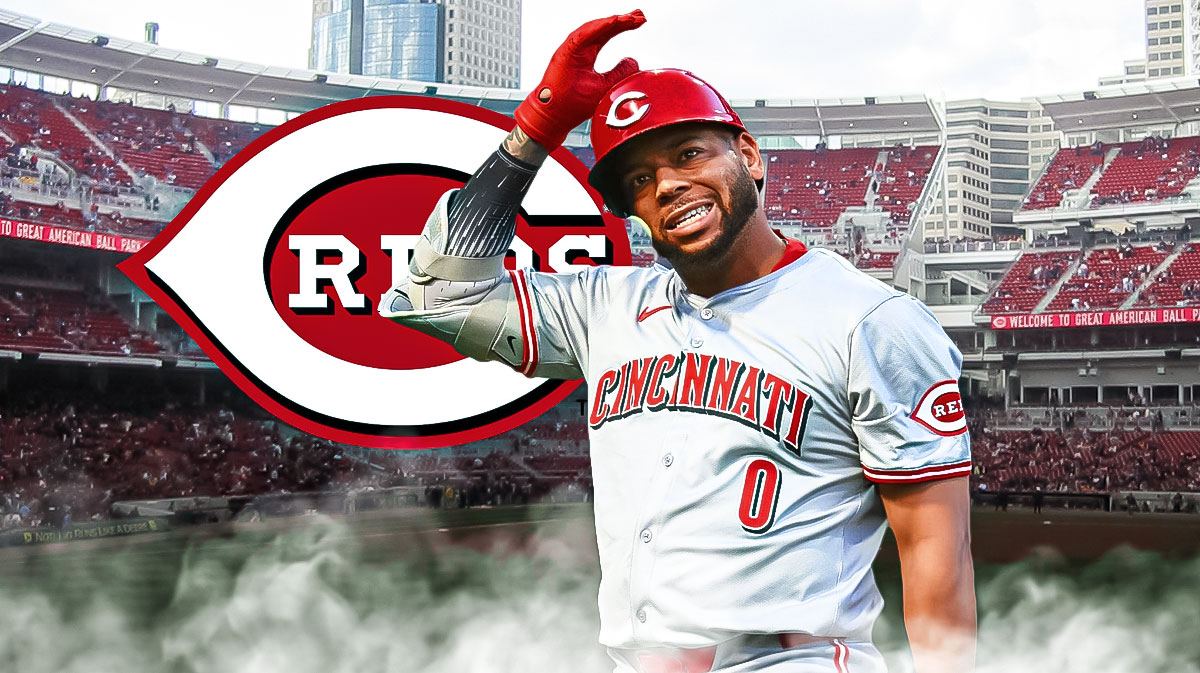 Cincinnati Reds logo on left side, former Cincinnati Reds first baseman Dominic Smith on right side, Great American Ball Park (home stadium of the Cincinnati Reds) in background