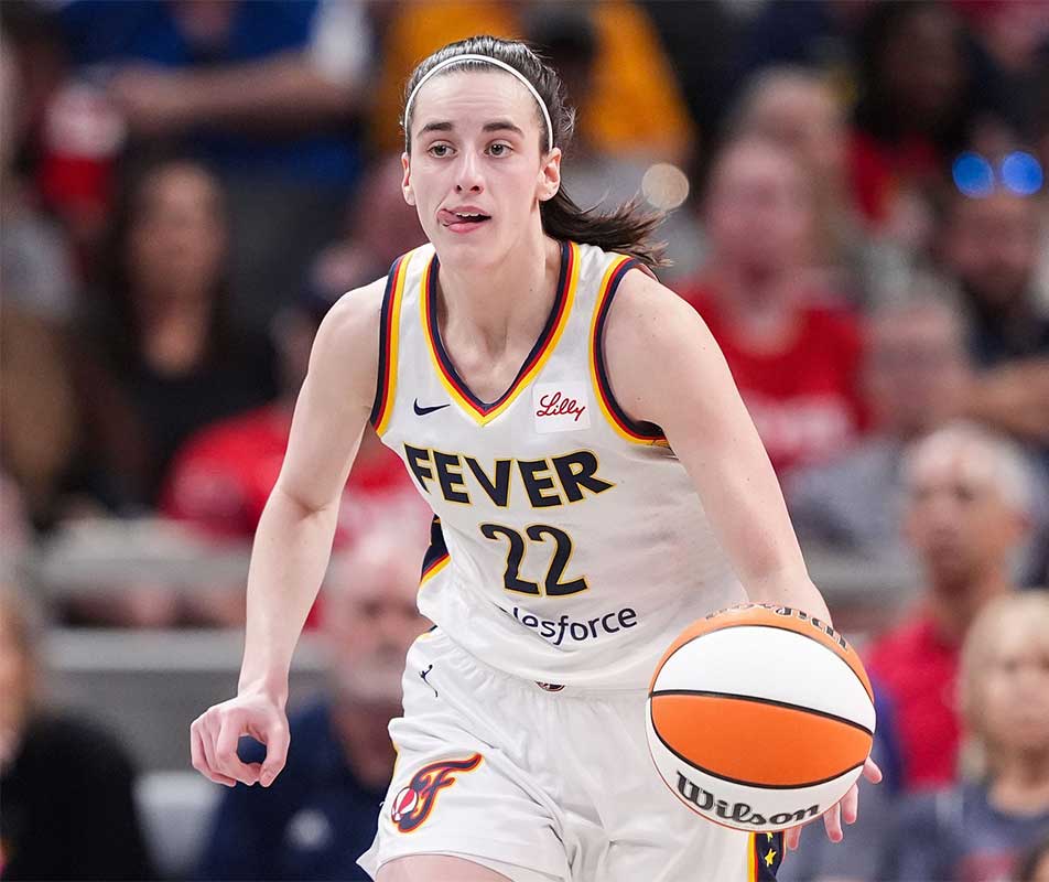 Indiana Fever guard Caitlin Clark (22) rushes up the court Friday, July 12, 2024, during the game at Gainbridge Fieldhouse in Indianapolis. The Indiana Fever defeated the Phoenix Mercury, 95-86.