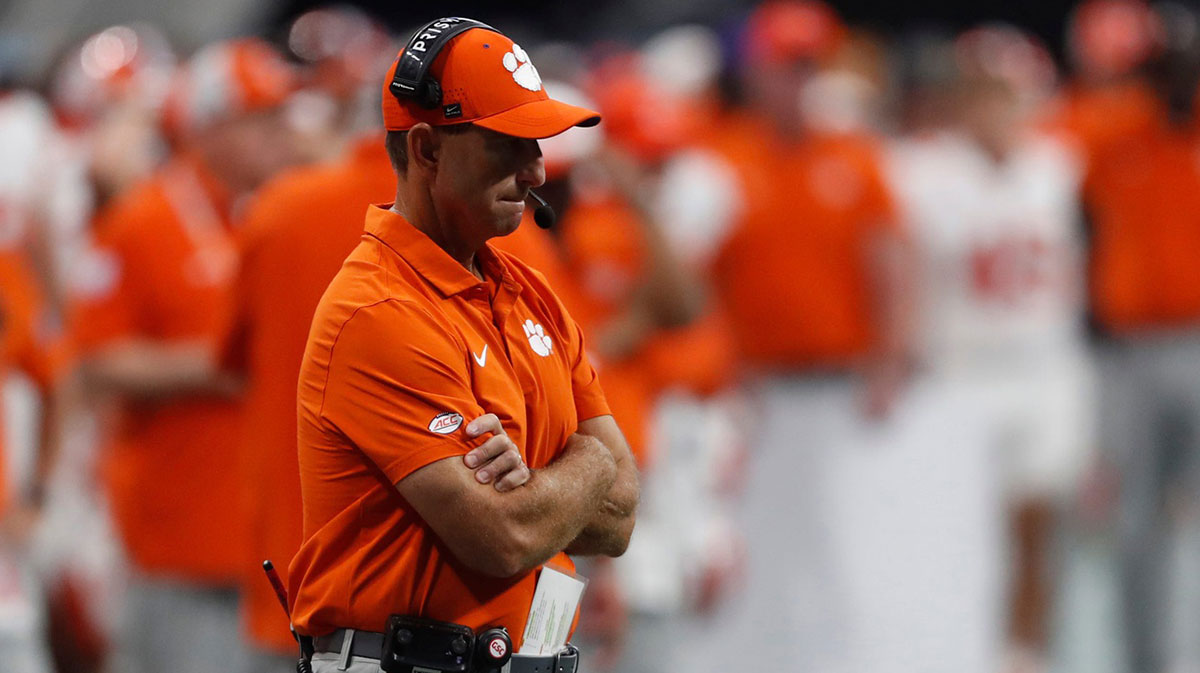 Clemson head coach Dabo Swinney reacts on the sideline during the second half of the NCAA Aflac Kickoff Game against Georgia in Atlanta, on Saturday, Aug. 31, 2024. Mandatory Credit: © Joshua L. Jones / USA TODAY NETWORK