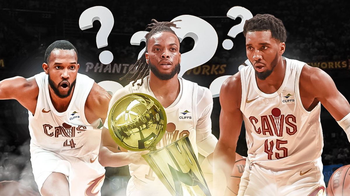 Cavs' Donovan Mitchell, Darius Garland, and Evan Mobley looking at the Larry O'Brien trophy, with question marks all over them