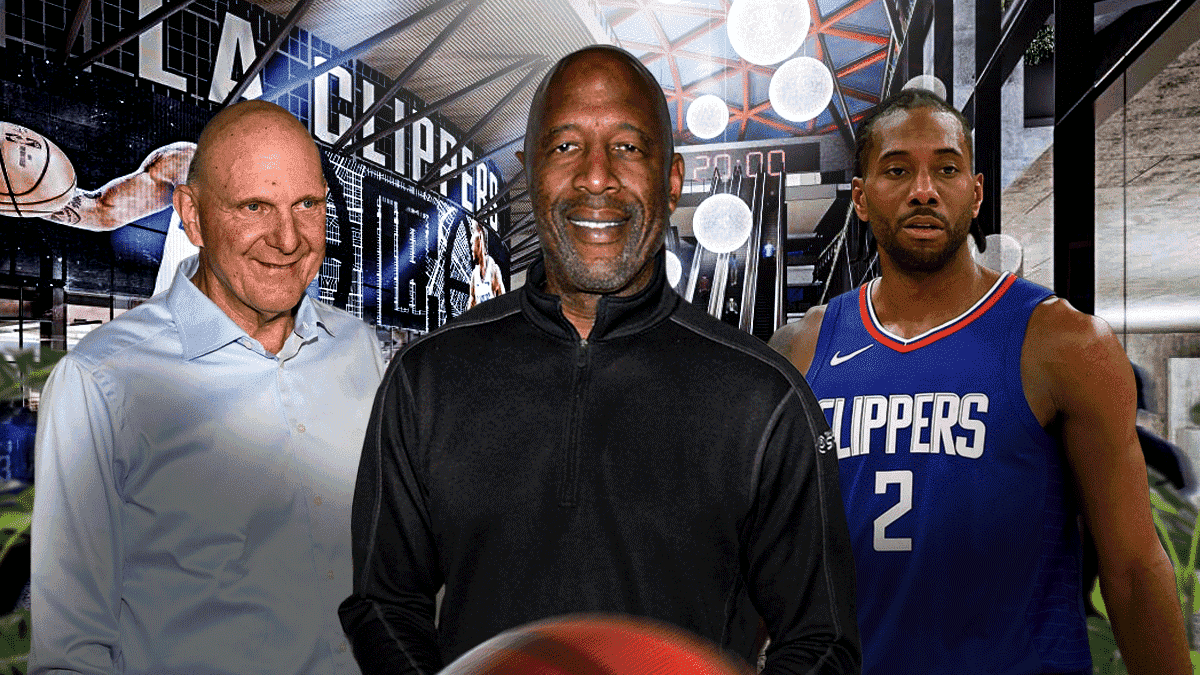 James Worthy, Steve Ballmer, Kawhi Leonard, and the Intuit Dome in the background