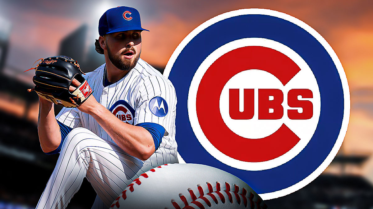 Porter Hodge throwing a pitch next to a Cubs logo