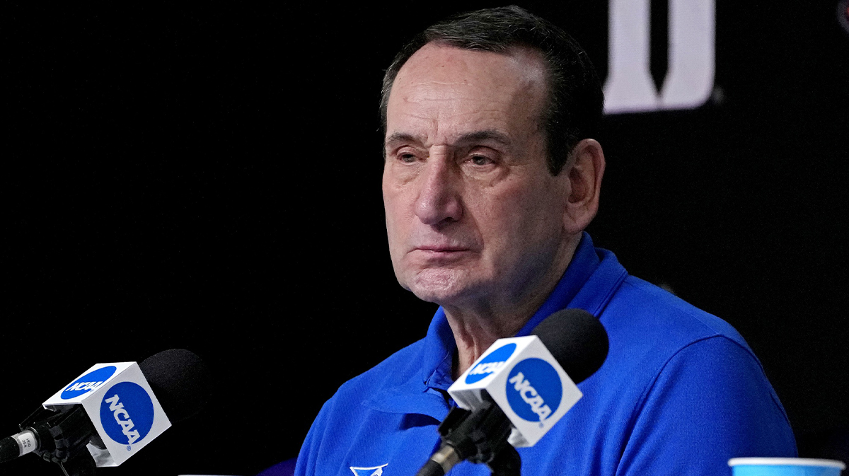 Duke Blue Devils head coach Mike Krzyzewski speaks in a press conference after the game against the North Carolina Tar Heels in the 2022 NCAA men's basketball tournament Final Four semifinals at Caesars Superdome.