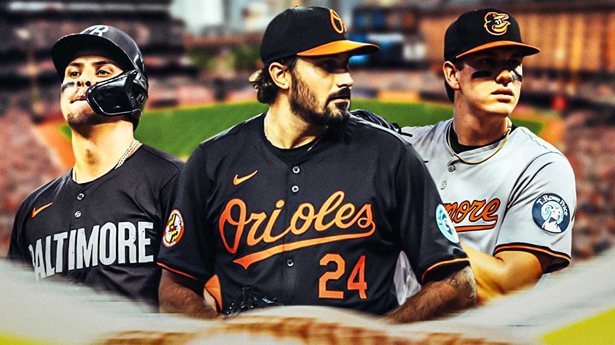 Baltimore Orioles third baseman Ramon Urias on left side, Baltimore Orioles starting pitcher Zach Eflin in middle, Baltimore Orioles third baseman Coby Mayo on right side, Oriole Park at Camden Yards (home stadium of the Baltimore Orioles) in background