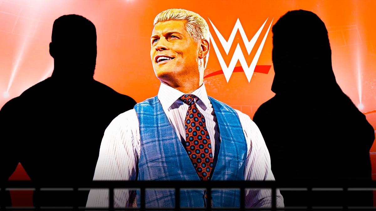 Cody Rhodes next to the blacked-out silhouette of Bron Breakker and the blacked-out silhouette of Dominik Mysterio with the WWE logo as the background.