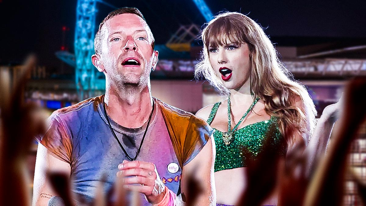 Coldplay singer Chris Martin and Taylor Swift on the Eras Tour with Wembley Stadium background.