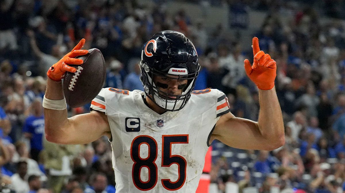 Chicago Bears tight end Cole Kmet (85) celebrates a touchdown Sunday, Sept. 22, 2024, during a game against the Indianapolis Colts at Lucas Oil Stadium in Indianapolis.