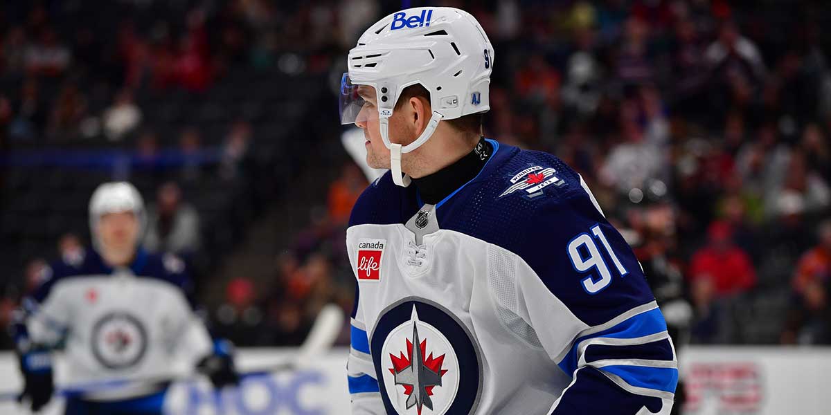 Winnipeg Jets center Cole Perfetti (91) reacts after scoring a goal against the Anaheim Ducks during the third period at Honda Center.