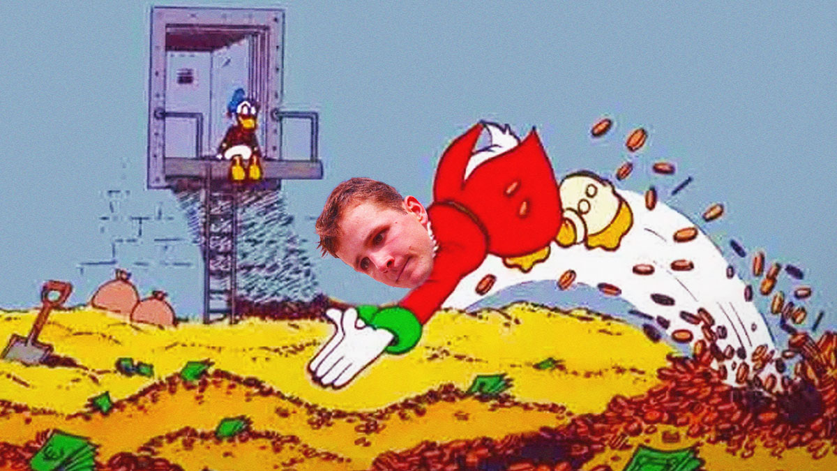 Brock Purdy's head on Scrooge McDuck's body diving into a pile of money with the 49ers logo on it.