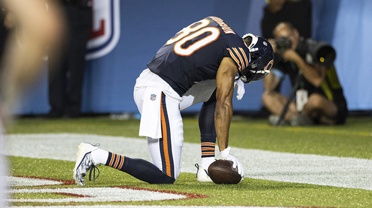 Chicago Bears wide receiver Collin Johnson (80) kneels following a touchdown against the Houston Texans during the second quarter at Tom Benson Hall of Fame Stadium.