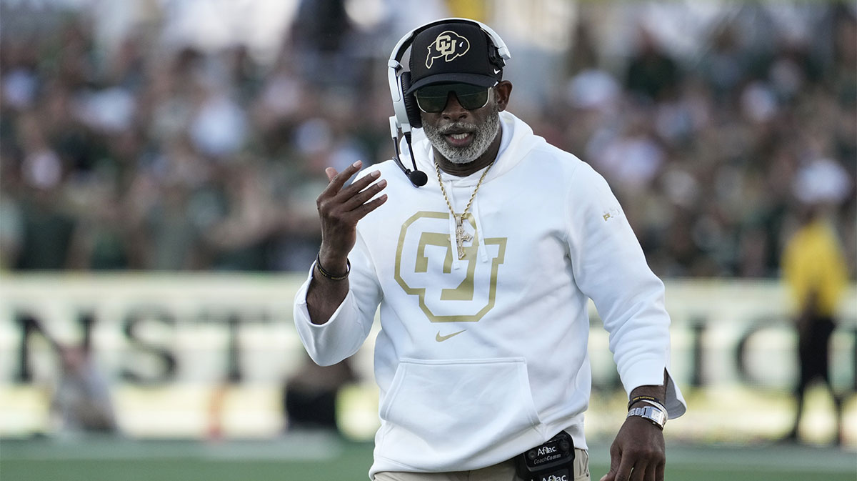 Colorado Buffaloes head coach Deion Sanders on the sidelines in the first quarter at Sonny Lubick Field at Canvas Stadium.