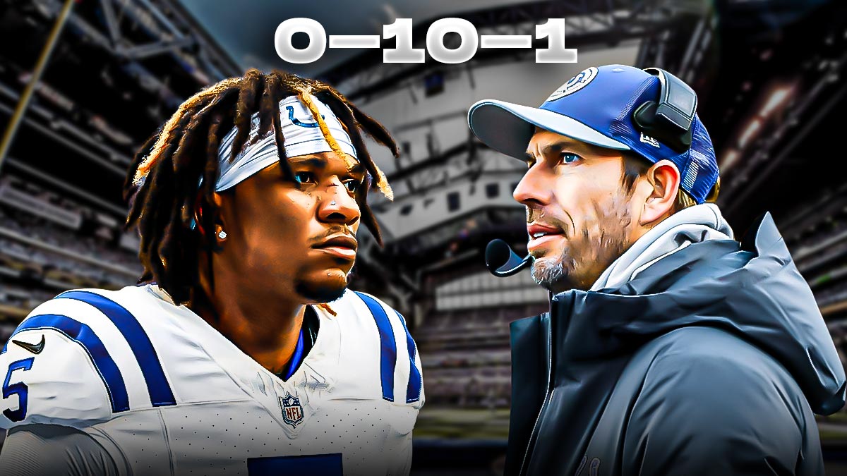 Colts head coach Shane Steichen and quarterback Anthony Richardson looking disappointed at their record, 0-10-1, above them.