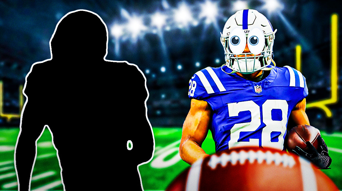 Jonathan Taylor (Colts running back) with eyes emoji and looking at silhouette of Leonard Fournette