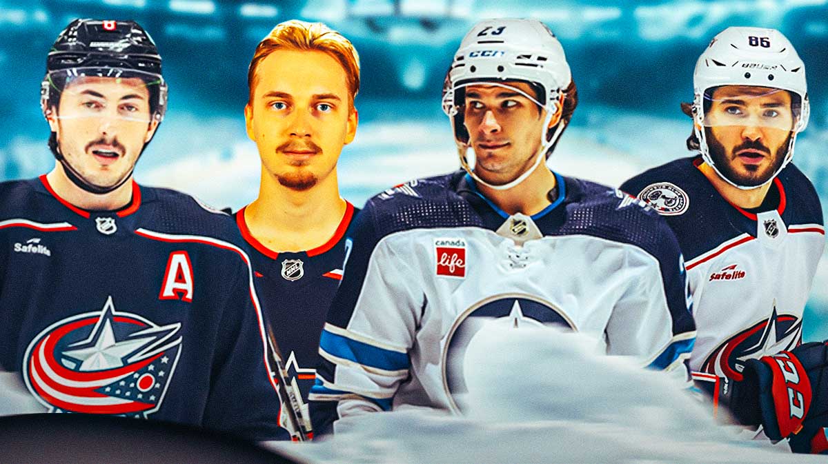 Zach Werenski, Daniil Tarasov, Sean Monahan and Kirill Marchenko all in image, Columbus Blue Jackets logo, hockey rink in background