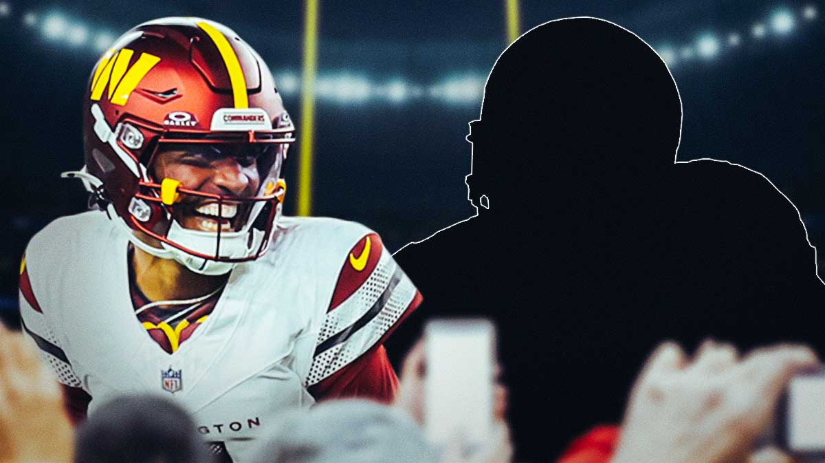 Commanders' Jayden Daniels and a silhouette of a player