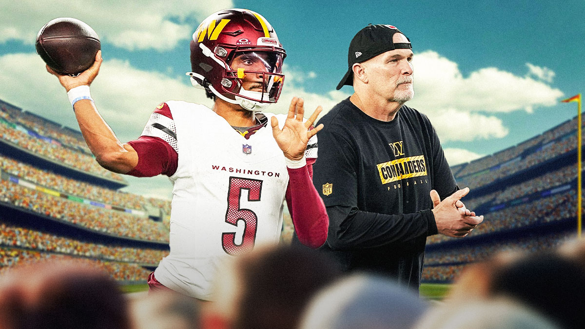 Jayden Daniels in a Washington Commanders uniform throwing a ball with coach Dan Quinn in background as Quinn cautions fans about overhyping Daniels.