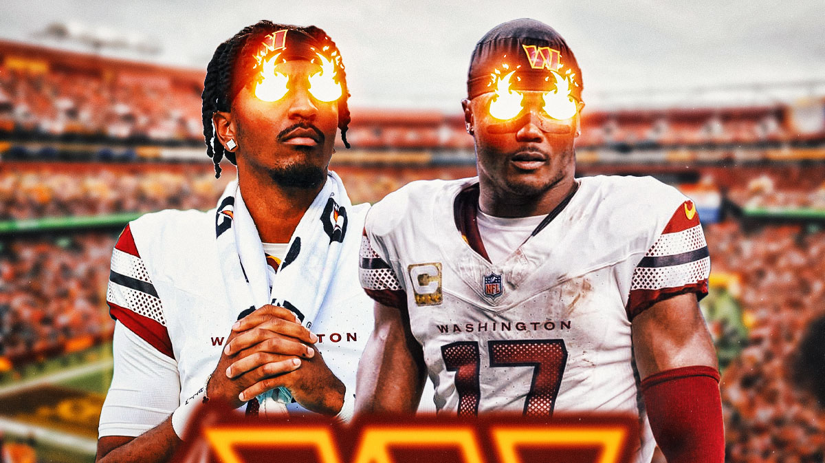 Jayden Daniels and Terry McLaurin side by side with fire in their eyes featuring a Commanders bg.