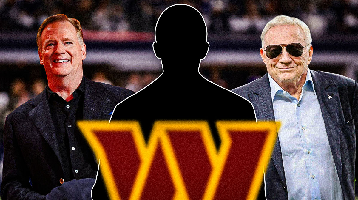 A silhouette of a person with a Washington Commanders logo in front of them, Roger Goodell and Jerry Jones on the other side. Commanders exec fired